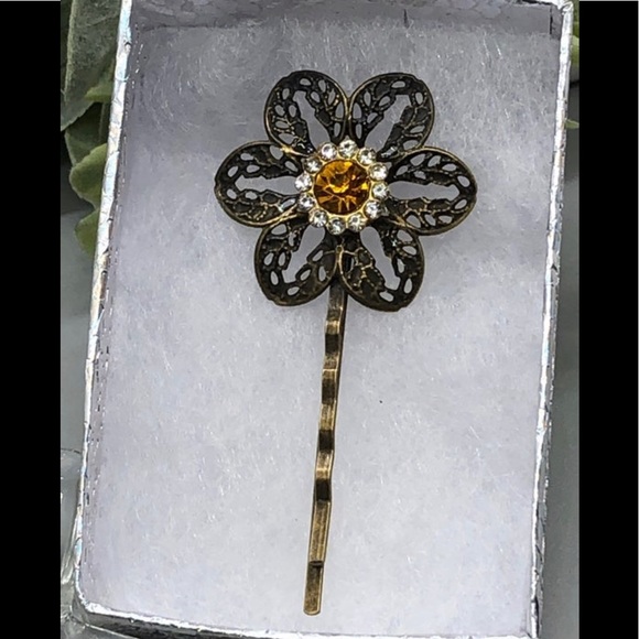 Orange Rhinestone Crystal Bobby pin Antique Bronze fashion accessories - Picture 1 of 2